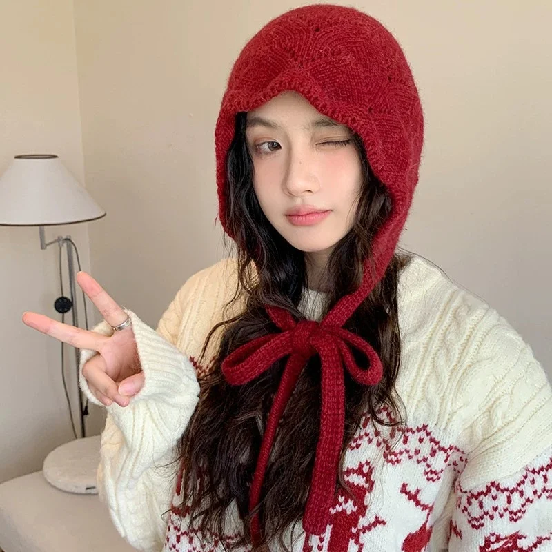 Women's Knit Hat Autumn/Winter Tie-Up Beanie Woolen Warm Ear-Covering Hat Casual Hat