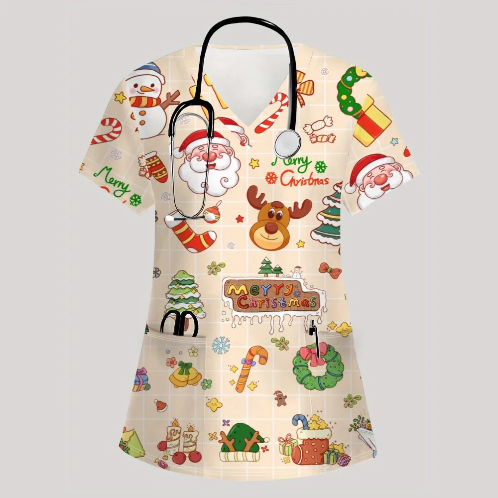 Weihnachts-Chirurgie-Uniform für Damen, T-Shirt mit V-Ausschnitt, einzigartigem Musterdruck, bequem, kurzärmelig, mit Taschen, klinische Uniformen
