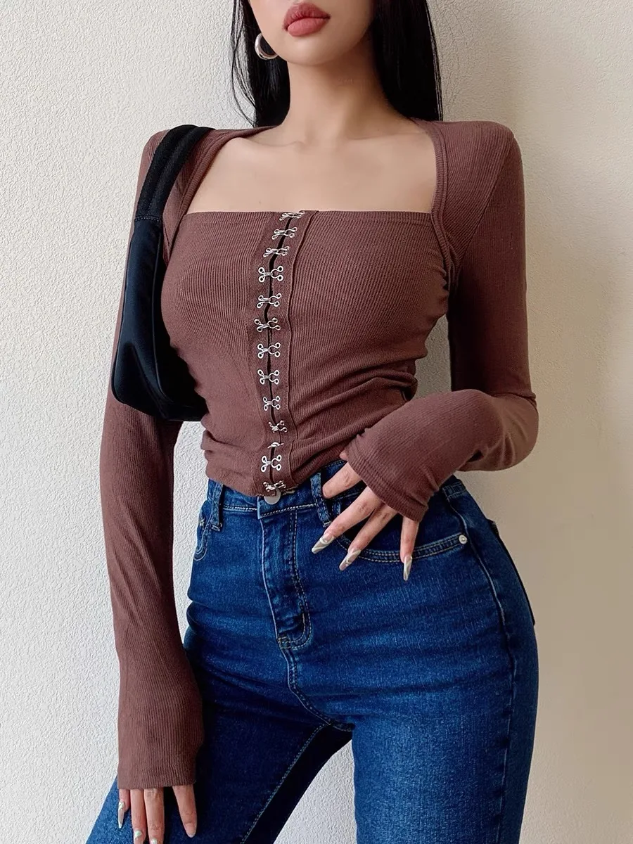 Y2K Women Square Neck Hook And Eye Rib Corset Long Sleeve T-shirt  Crop Tops Tight Tee