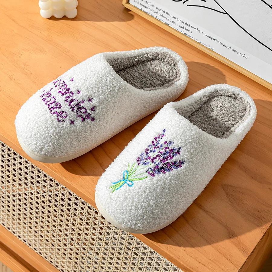 Slippers Women Home Warm Small Sequins Design Lavender Leisure Haze Soft Sole Indoor Waiting for Love Cotton Houseshoes Gift