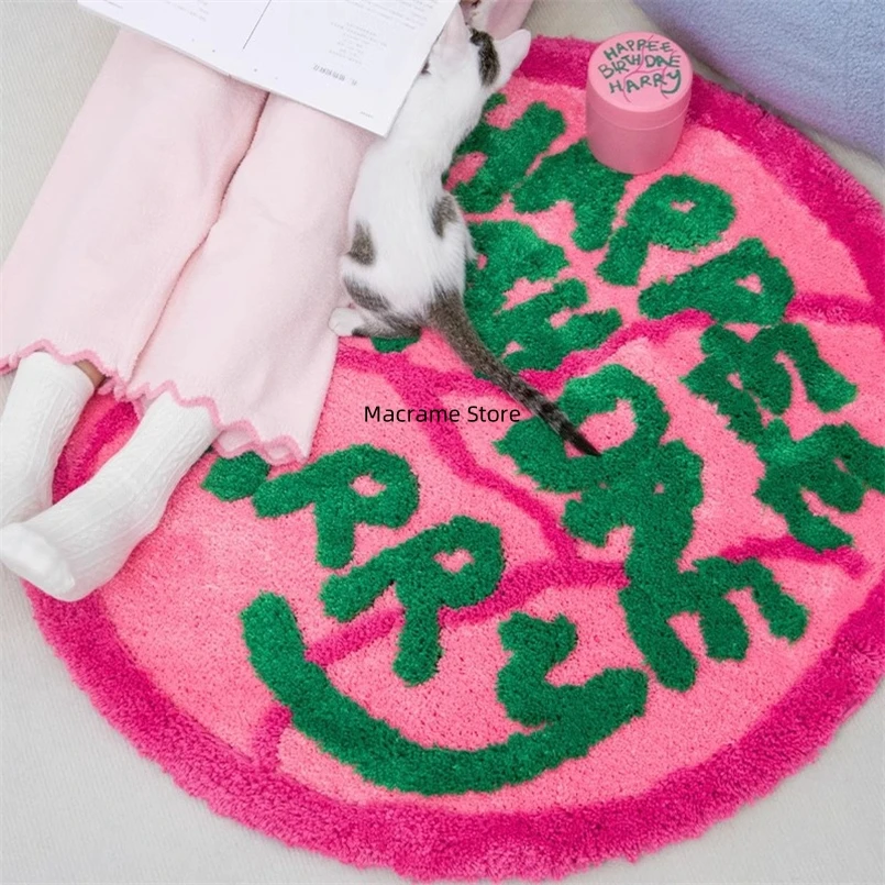 American Style Round Carpet Household Bedroom Bedside Blanket Creative Letter Thickened Washable Flocking Non-Slip Floor Mat