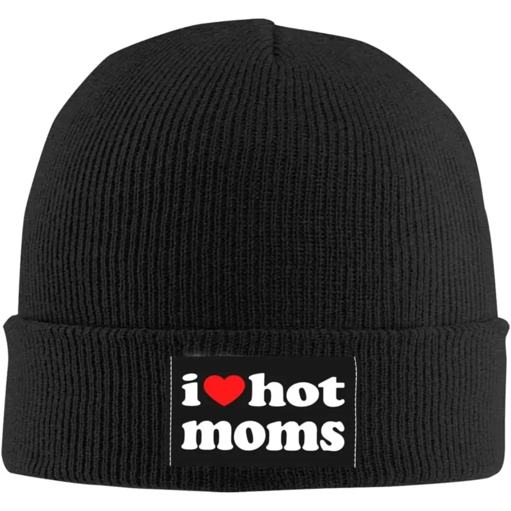 Funny I Love Hot Moms  Heart   Gifts Black Beanie Hat for Men Women Warm Hats Knit Stocking  Skull Cap