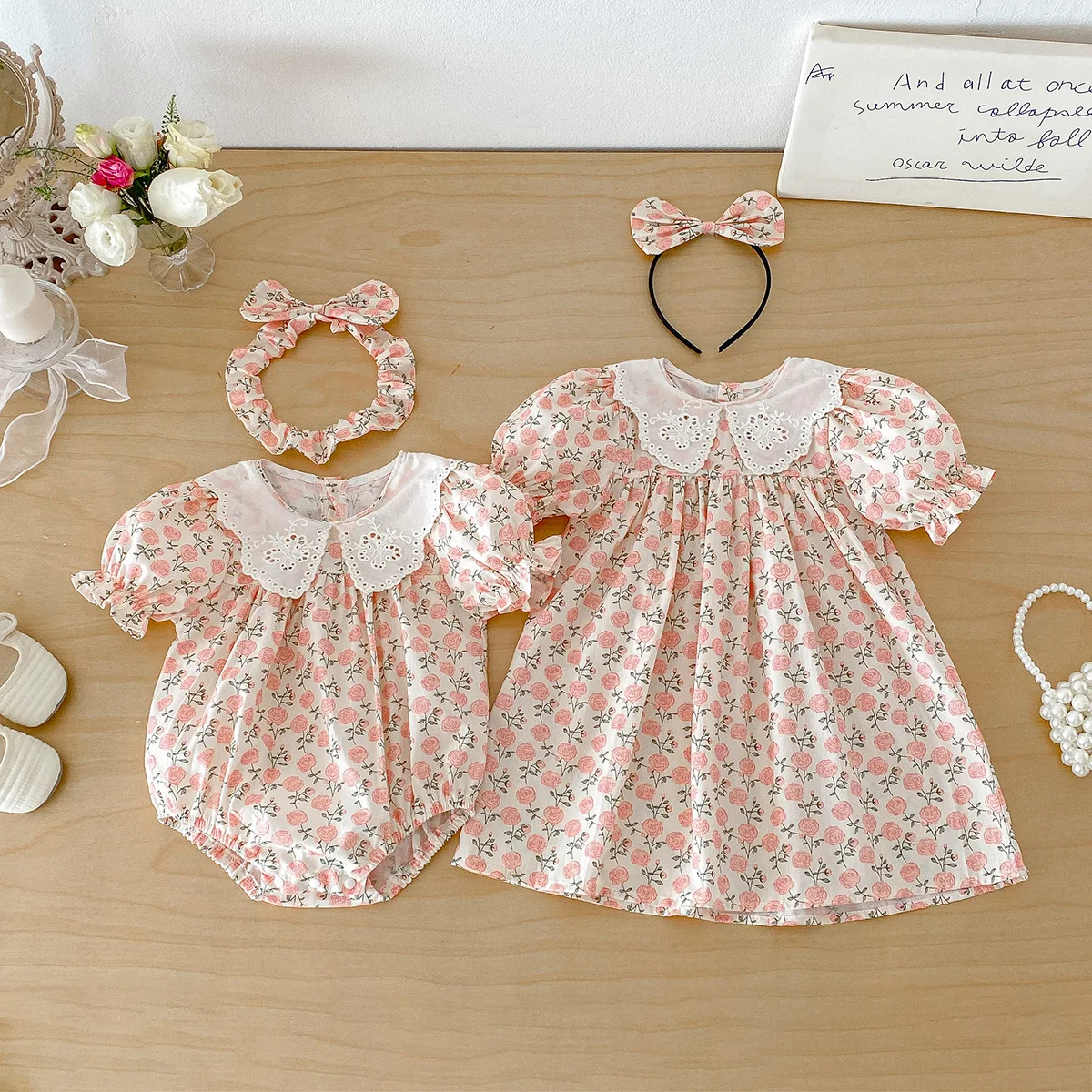 2026 Summer Baby & Toddler Matching Outfits Floral Print Puff Sleeve Lace Trim Bodysuit & Dress For Little & Big Sisters