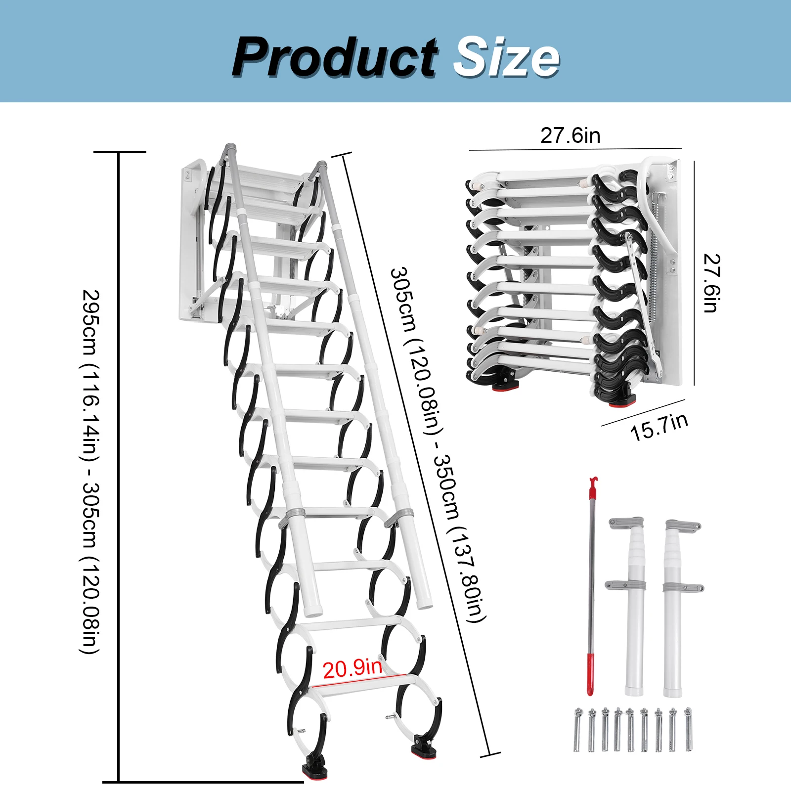 Attic Ladder Pull Down System Heavy Duty 600lbs Capacity Loft Stairs with Handrails for Home Indoor Outdoor/Storehouse/Basement