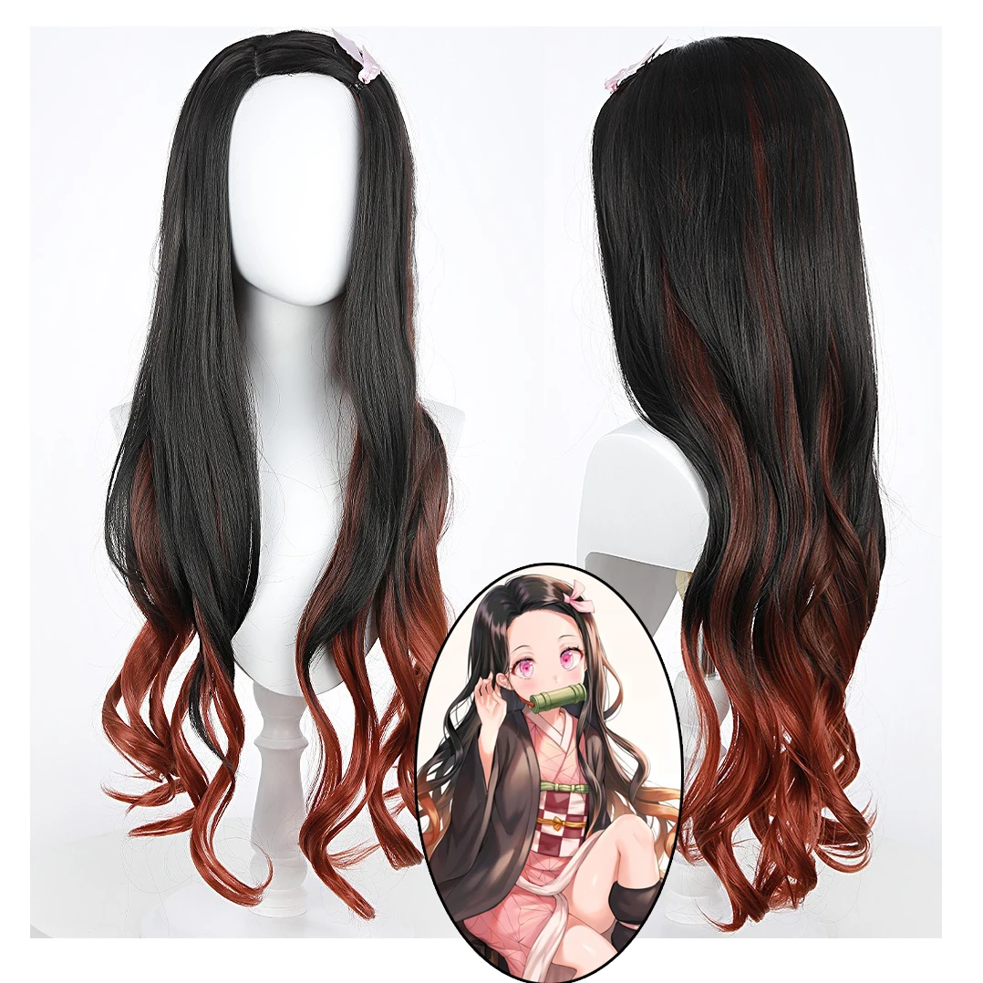Demon slayer lâmina fogão porta você feijão peruca cosplay preto gradiente laranja longo cabelo encaracolado cor bloqueada anime cos peruca