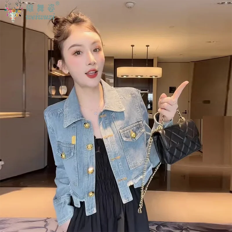 Moda feminina jaqueta jeans curta bolso prático causal jean casaco outono topo versátil rua wear manga longa curto outerwear