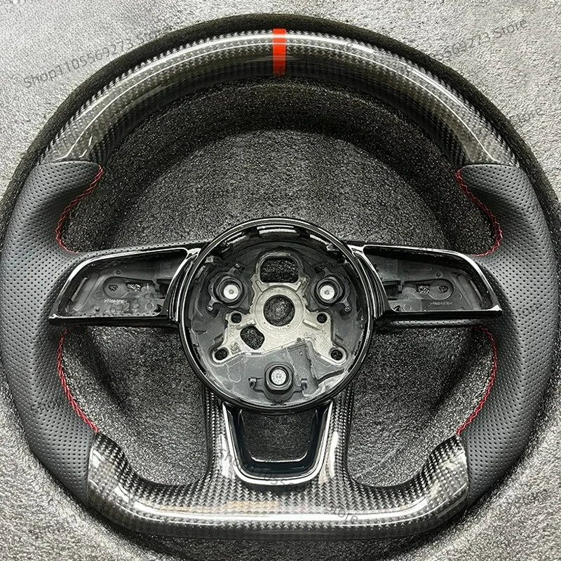 Carbon Fiber Steering Wheel with Leather Perforations with Frame for Audi B9 S3 S4 S5 RS3 8V RS4 RS5 2017-2022 Red