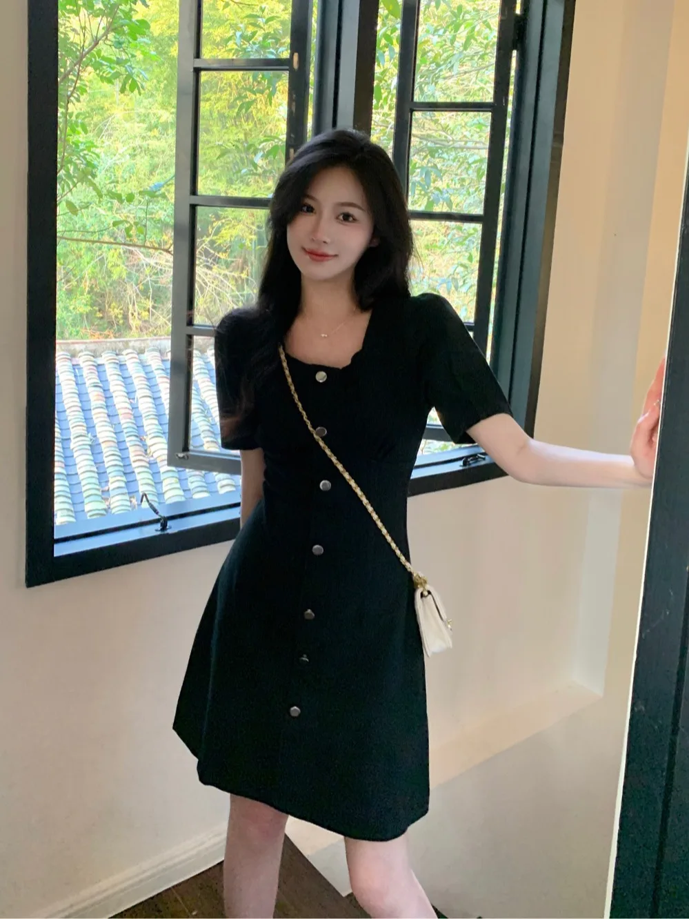 Women Denim Mini Dresses Summer Female Square Collar Short Sleeve Large Size Elegant Casual Black Blue single-breasted Vestidos