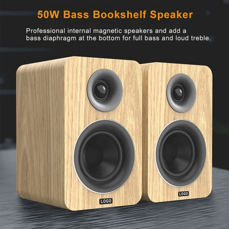 50W High-power HIFI Bookshelf Speaker for Computer TV 3-inch Retro Wood Surface Subwoofer with RCA Fiber Optic USB Interface