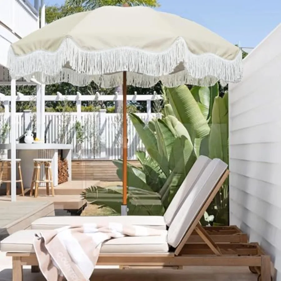 6.5ft Boho Outdoor Umbrella with Fringe, UPF 50+ Picnic Umbrella with Tassels, Premium Steel Pole and Push Button Tilt