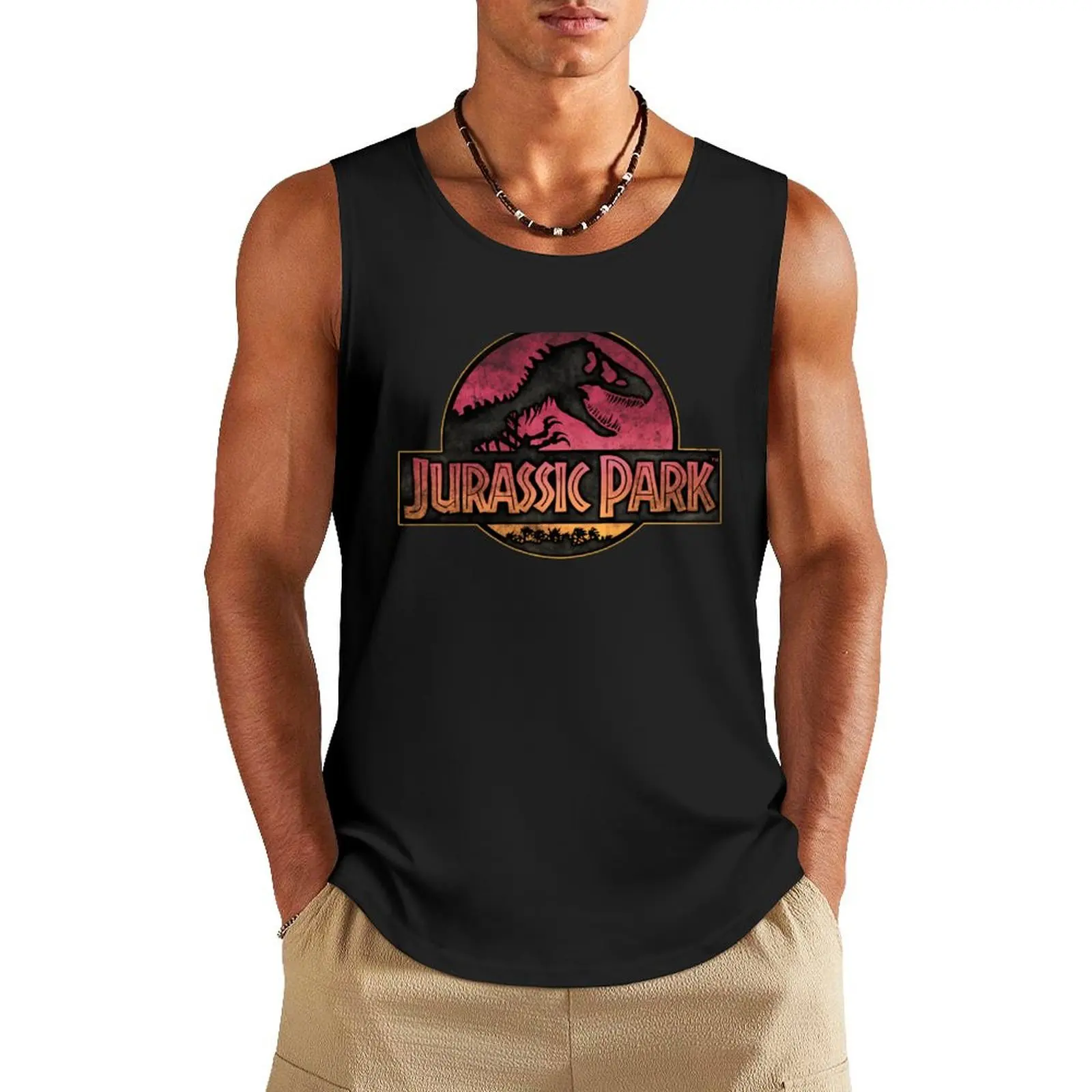 Jurassic Park Pink Neon Pastel Distressed Dino Movie Logo Tank Top Body man Japanese t-shirt