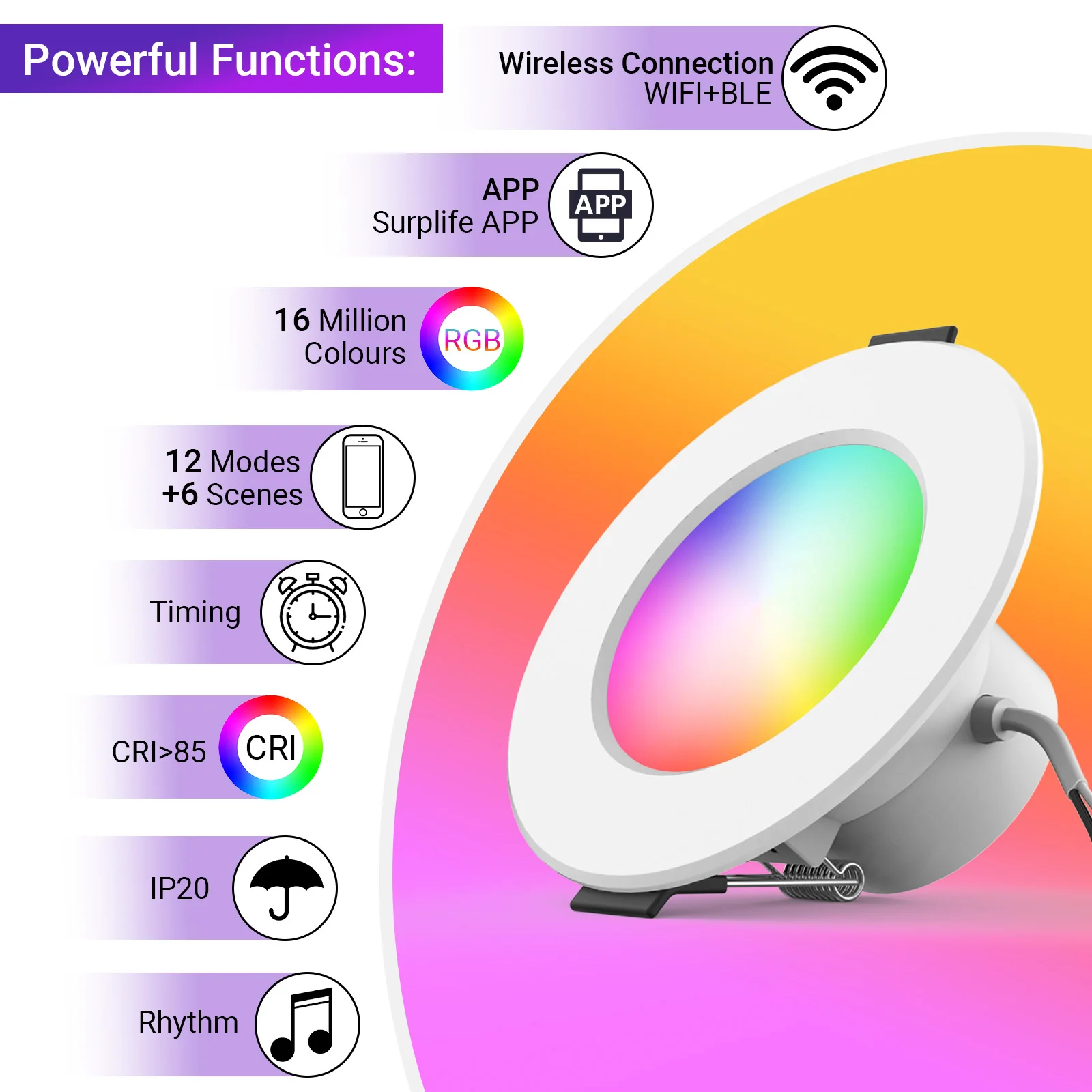 Luz empotrable LED inteligente con WiFi y Bluetooth RGB + CCT que cambia de color: compatible con Alexa y Google Home, luz de sincronización de música regulable
