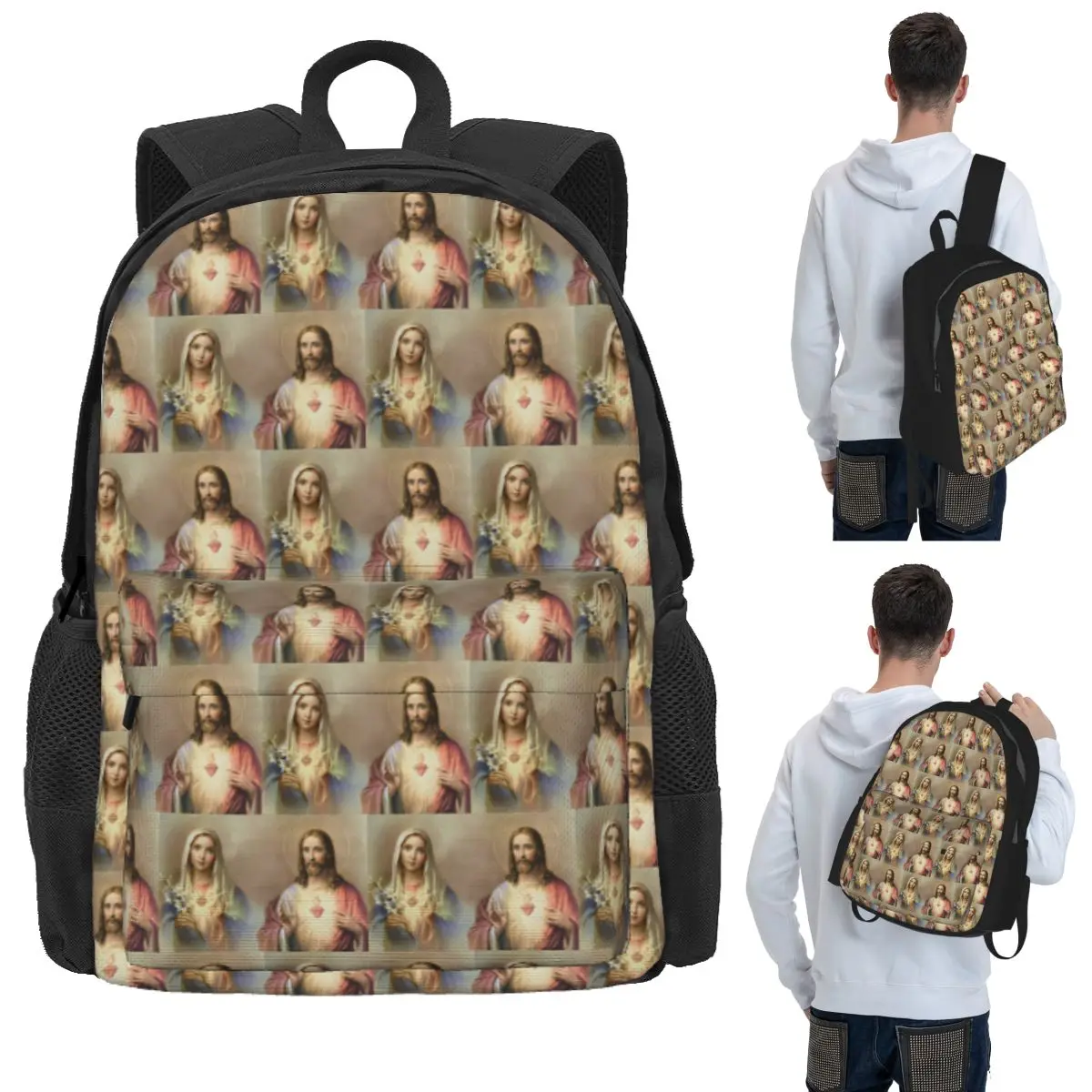 Sacred Heart Jesus Immaculate Mary Religious Poster Student Backpack School Bag Hiking Travel Daypack Bookbag Shoulder Bags
