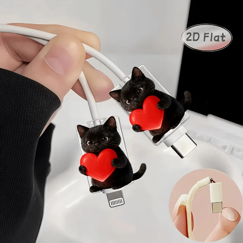 2D Flat 2pcs Cute Cat Anti-Break Phone Charger Cable Protectors Adorable Kitten Design Connector Cover for IPhone Type-C