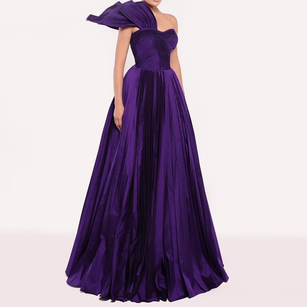 

Women's Deep Purple One-Shoulder Evening Dress Pleated Satin Ball Gown Formal Gown for Prom Gala Wedding Guest Party