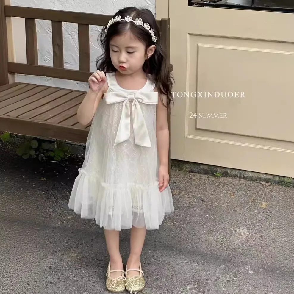 Girls Dress 2024 New Summer Style Girl Baby Bow Sequin High-grade Children Princess Simple Casual Style All-match Dress