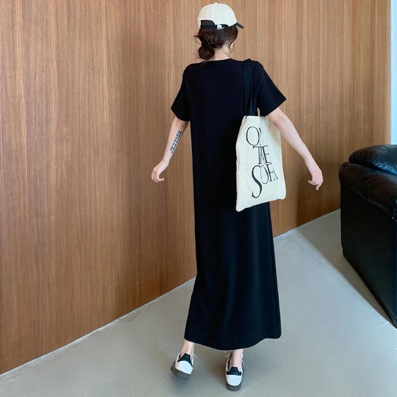 فستان صيفي فضفاض مقاس كبير برقبة دائرية تي شيرت فساتين طويلة رداء Elbise بأكمام قصيرة على الطراز الكوري فستان نسائي أسود سادة