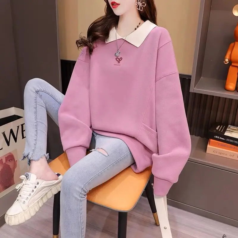 Women Trendy Embroidery Contrast Color Oversized Streetwear Sweatshirts Y2K Autumn Casual Polo Collar Long Sleeve Pullover Tops