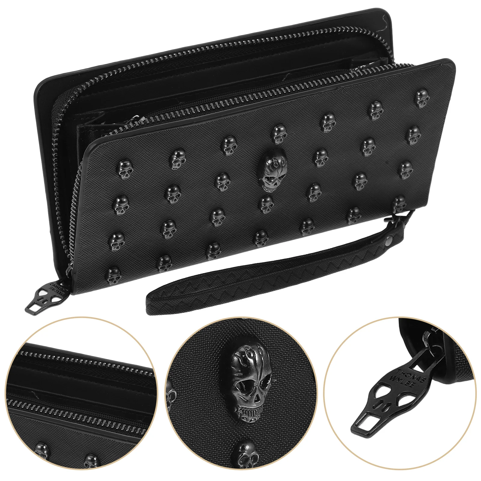 

Women Skull Zippered PU Long Wallet Purse Handbag with Wristlet (Black) Women long wallet Women long purse
