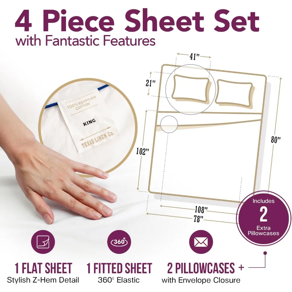 TEXAS LINEN CO. مجموعة ملاءات قطن مصرية 100% مقاس كينج - عدد 1200 ورقة فاخرة من القطن المصري مقاس كينج، 17 عميق P
