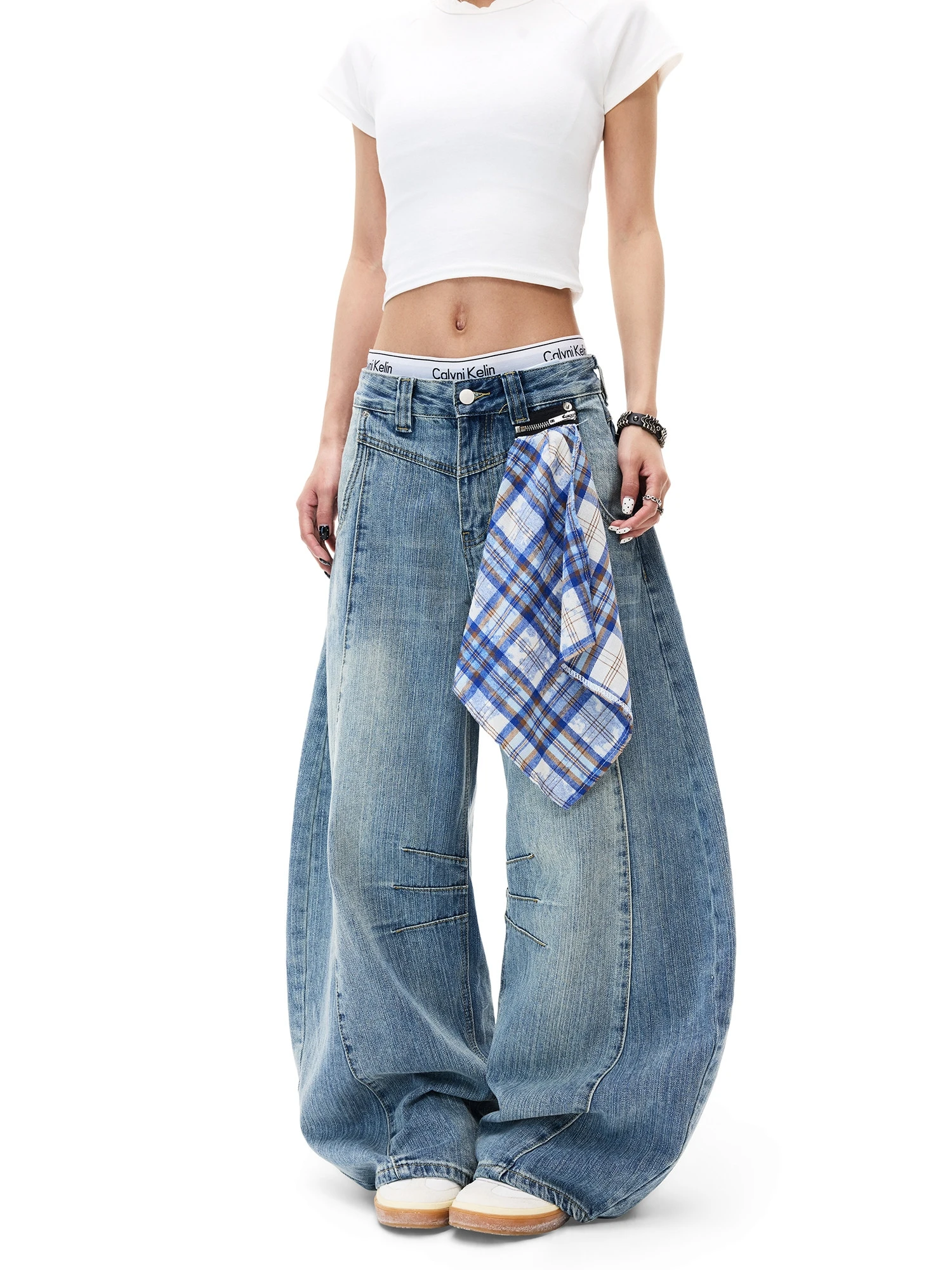 American Style Wide Leg Pants Women's Elegant Zipper Detachable Scarf Jeans Loose Trousers Street Style Micro Flare Retro