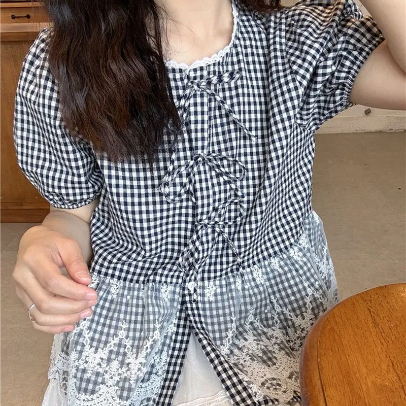 Vintage Lace Spliced Plaid Blouse Women's clothing Fashion Bow Summer O-Neck Button Sweet Elegant Hollow Out Short Sleeve Shirts