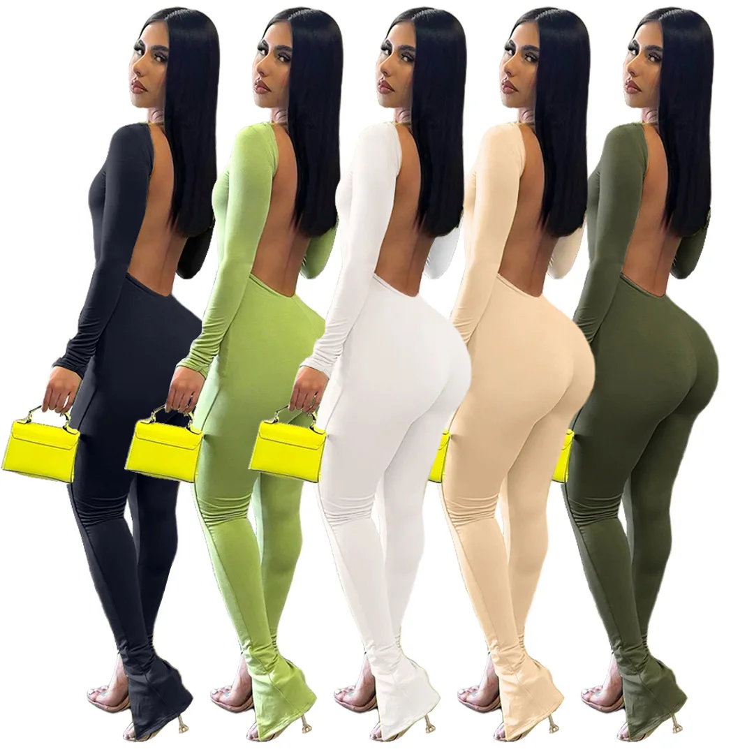 

Casaul Women Backless Jumpsuit Full Sleeve Solid Color Sporwear Bodycon Full Sleeve Long Romper Women Jumpsuit Overalls