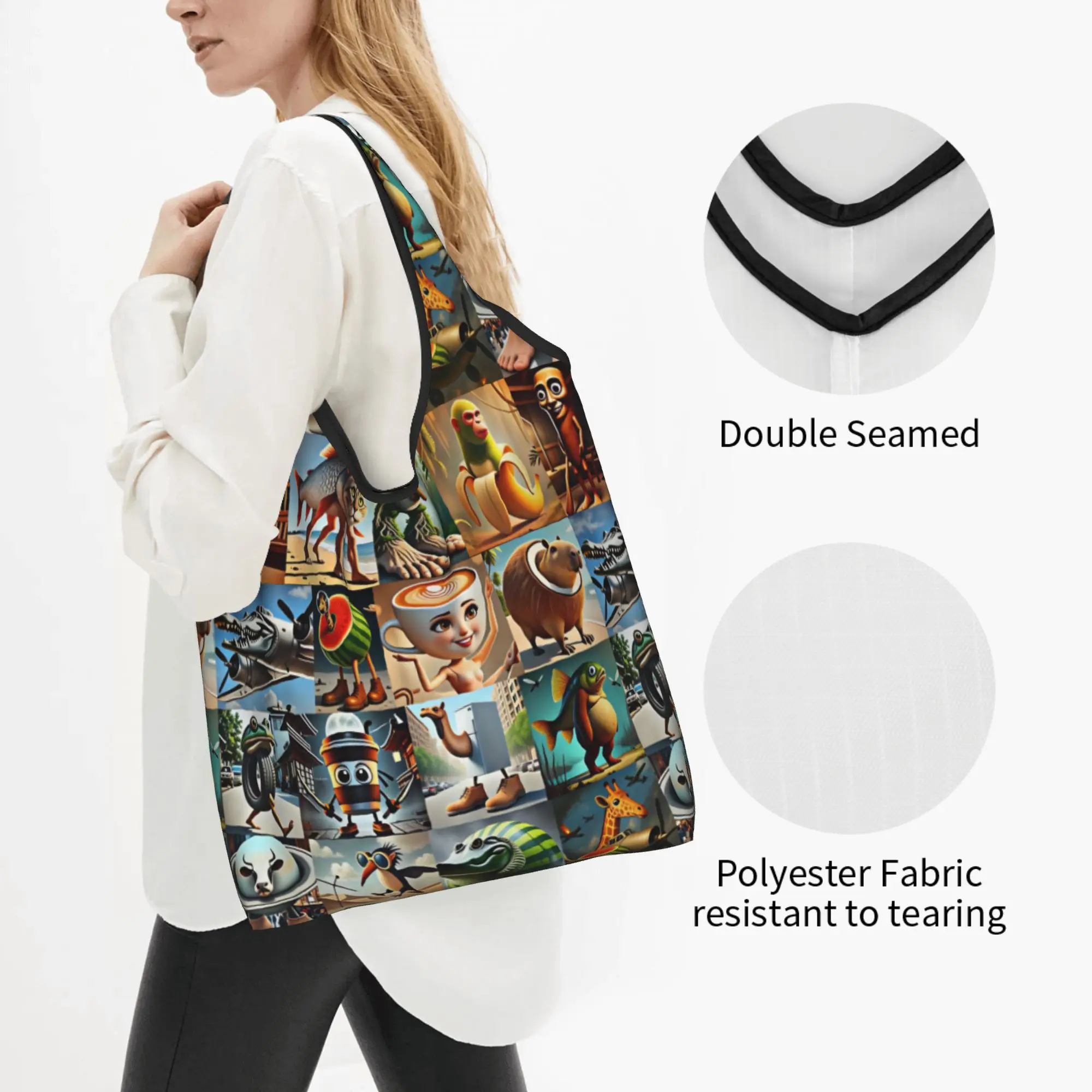 Recycling Italian Internet Funny Meme Brainrot Shopping Bag  Tote Bag Portable TUNG TUNG TUNG SAHUR FUNK Grocery Shopper Bags