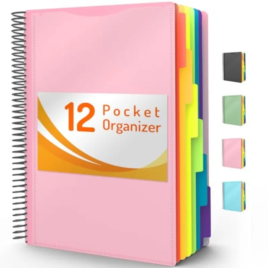 

12 Pocket Project Organizer, 1/6-cut Tab Binder Organizer with Sticky Labels, Multi Pocket Folder with Zipper Pouch, Folder Bin