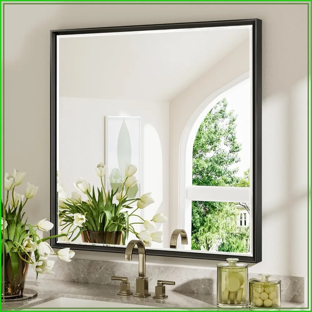 Black Framed Bathroom Mirror 36x36 Square Beveled Matte Black Metal Shatterproof Wall