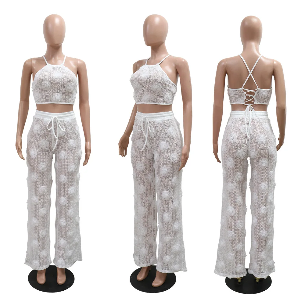 Sexy Crop Mesh Tops Two Piece Pant Set Outfits Matching Sets 2024 Women Y2K Streetwear Elegant Flower 2 Piece Summer Set