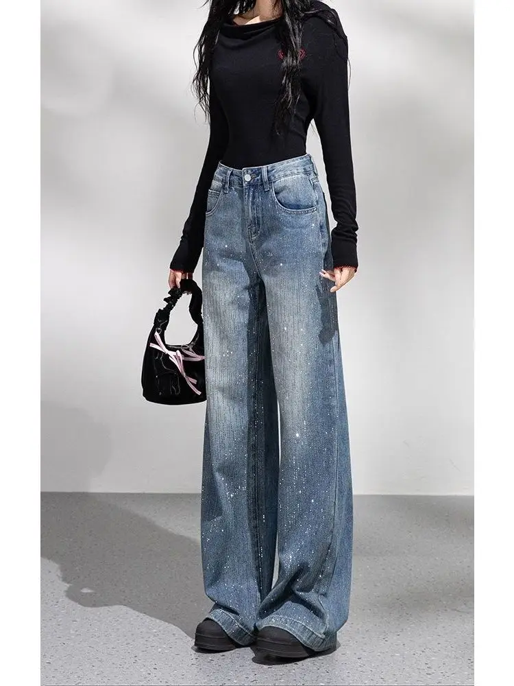 American Sle High Waist Wide Leg Jeans Women's Retro Blue Sparkling Diamond Thermal Drill Autumn Winter New Arrival Long Pants