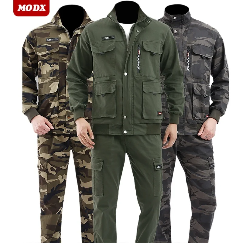 Spring Elastic Work Clothes Set Extra Large Pockets Breathable Wear Resistant Camo Suit Outdoors Training Labor Protection Kit