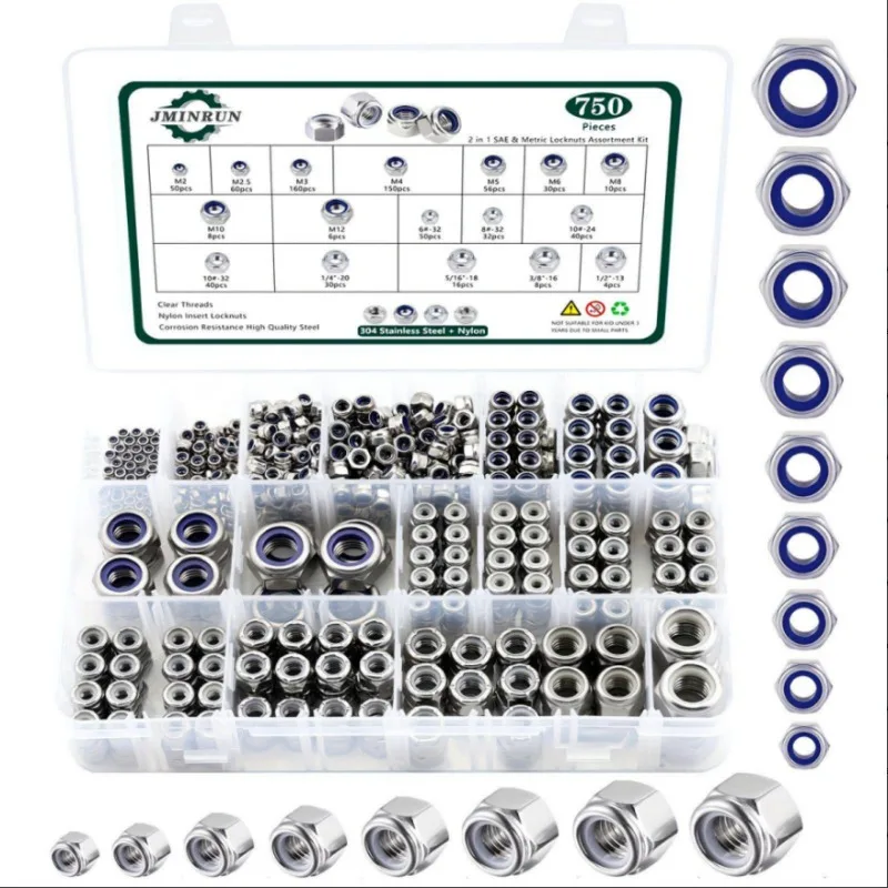 750PCS 304 Stainless Steel Nylon Insert Lock Nuts, Blue Metric M2-M12 & White Imperial #6-32 to 1/2