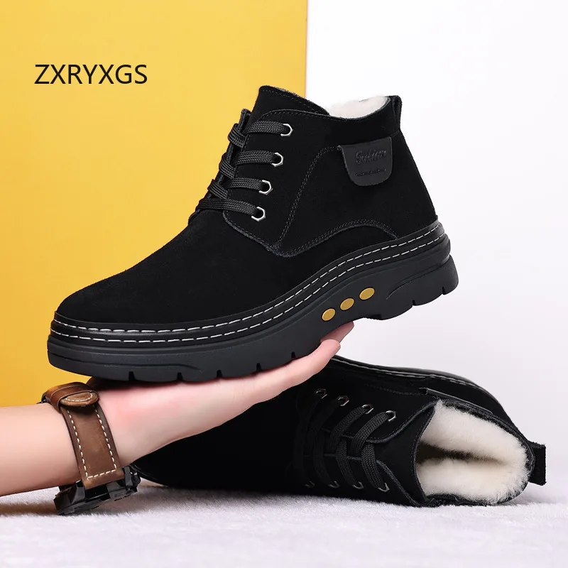 ZXRYXGS Frosted Cowhide Men Wool Boots Fashion Casual Shoes 2025 Large Size Winter Snow Boots Warm Sneakers Trendy Shoes for Men