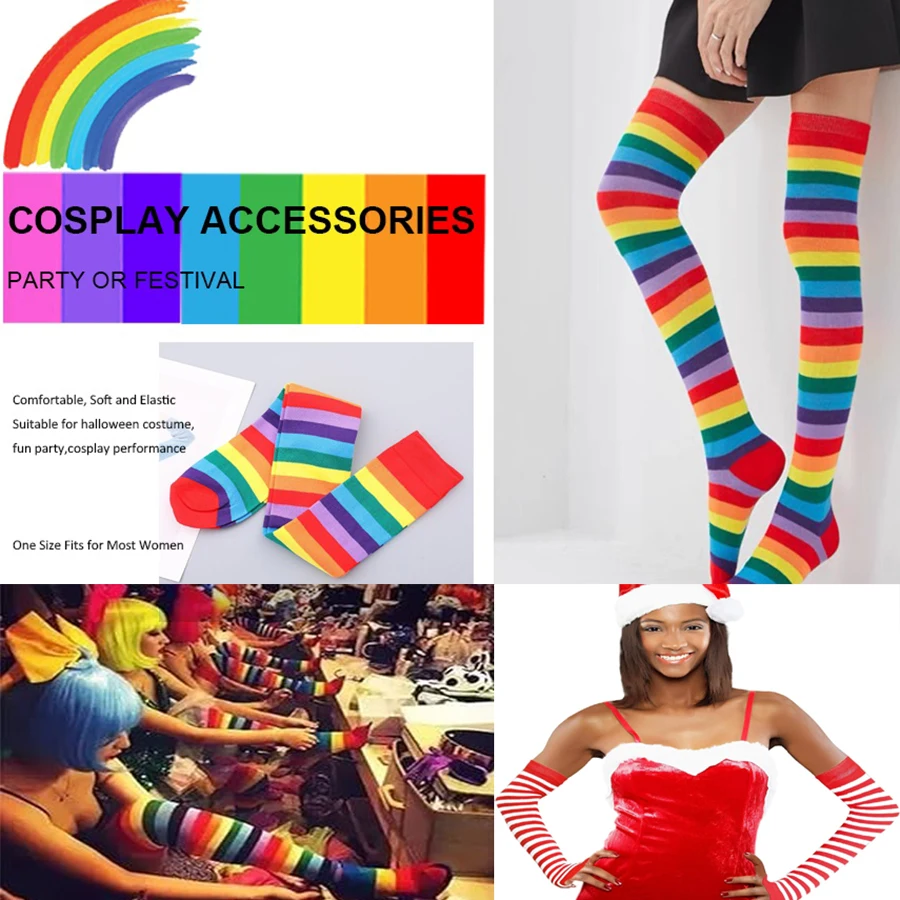 1 Set Overknee-Regenbogen-Strümpfe und Handschuhe Set Cosplay-Zubehör Arm- und Beinwärmer für Mädchen – Detail 5