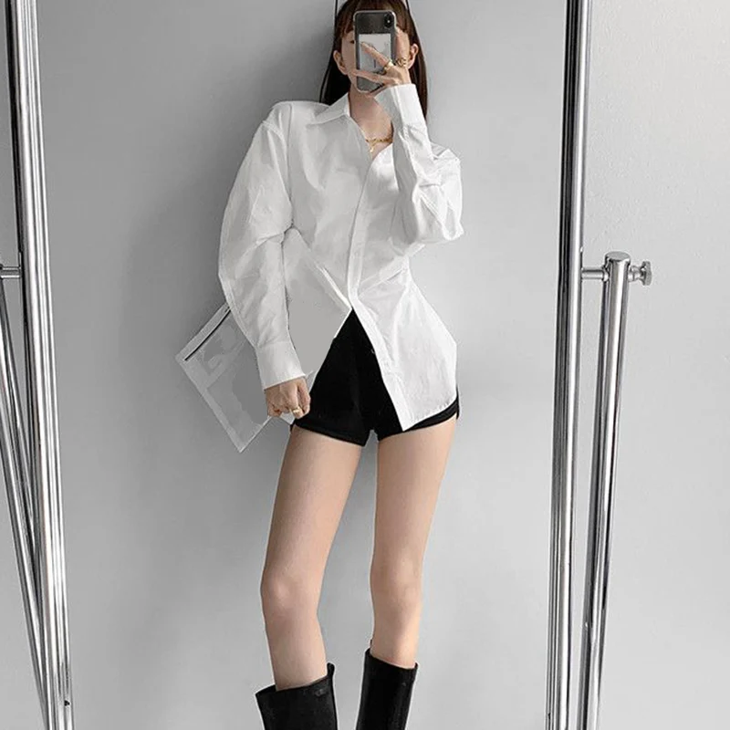 Rimocy 2024 Fashion White Slim Fit Shirt Women Turn Down Collar Elegant Long Sleeve Blouses Woman Pleated Button Up Shirts Top