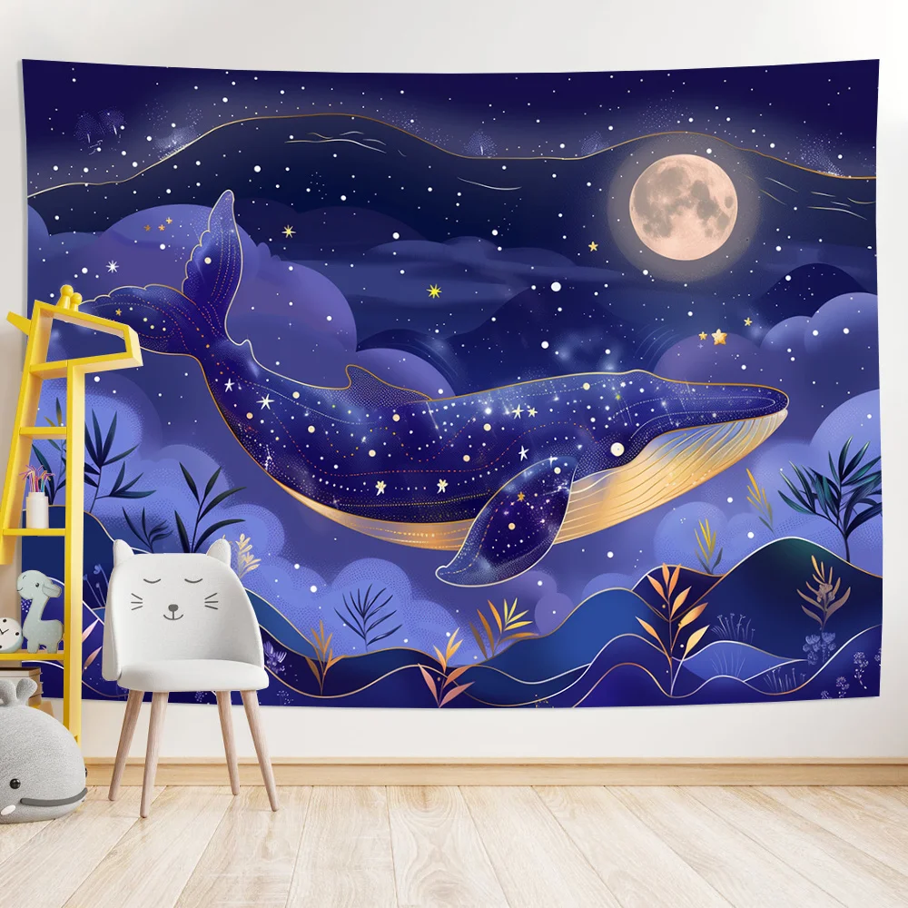 Starry Night Whale Wall Tapestry Deep Blue Constellation Mural for Bedroom Living Room Wedding Party Decor Boho Home Decor