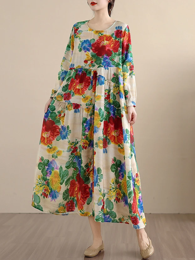 فستان فضفاض بأكمام طويلة من الكتان والقطن بطباعة فنية، تصميم على شكل حرف A، أسلوب عملي للربيع والخريف، فستان كاجوال