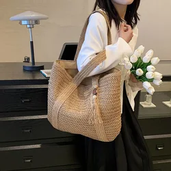 Summer Straw Woven Bag for Women Holiday Beach Shoulder Bags Large Capacity Commute Casual Tote Bags Ladies Straw Weave Handbags