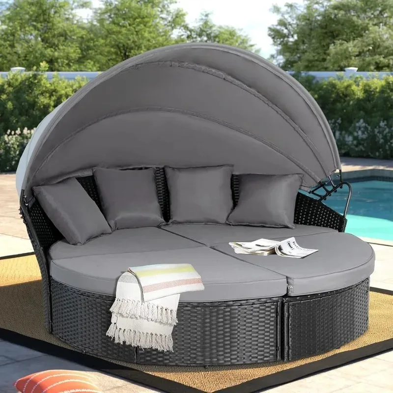 Outdoor Patio Furniture Canopy Daybed Round Sofas, 4 Pieces Seating Separates Cushioned Seats, Black Wicker