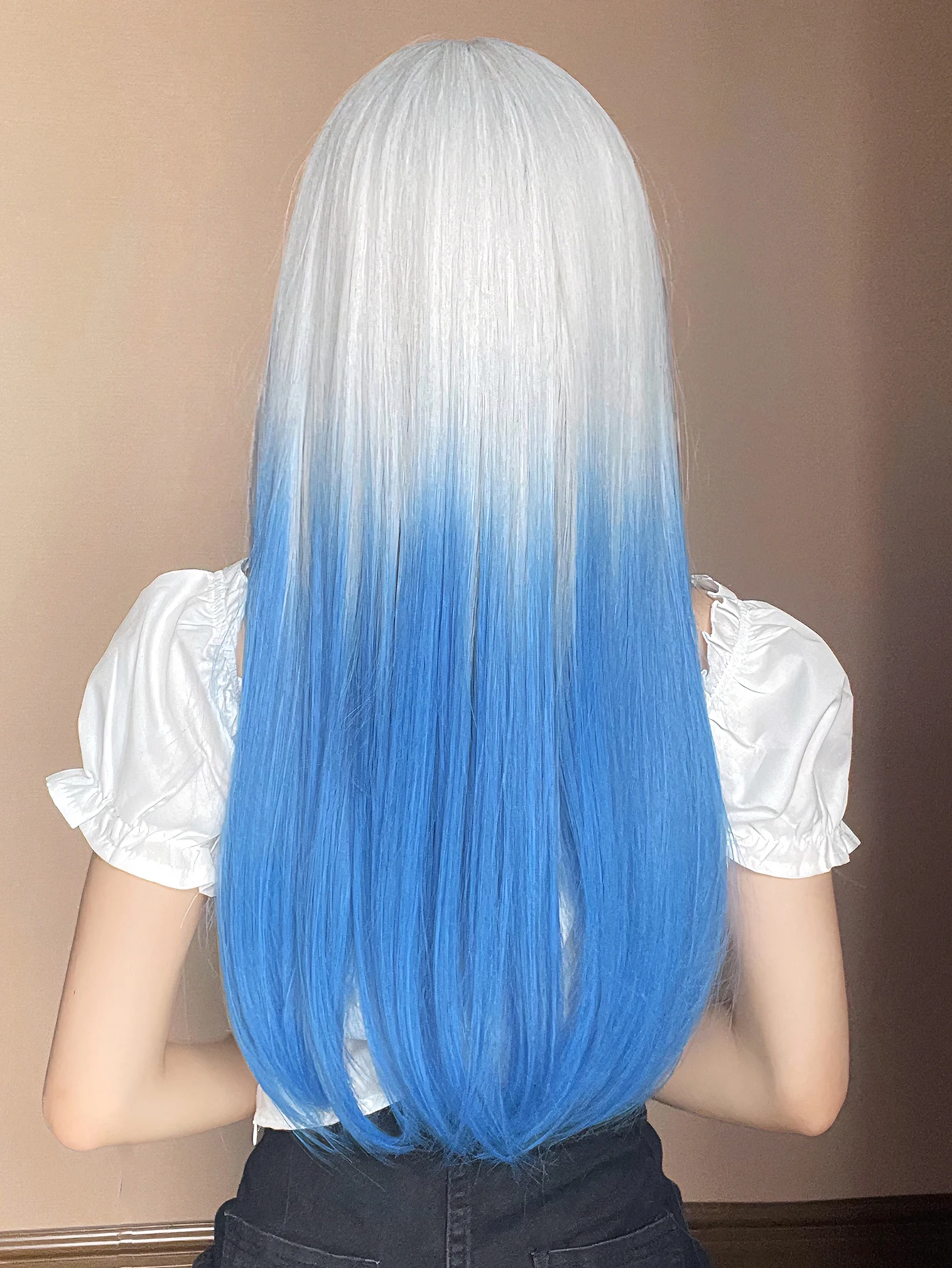 Women\'s wig synthetic summer blue long straight hair air bangs cos hairy girl style wig natural cosplay party heat-resistant