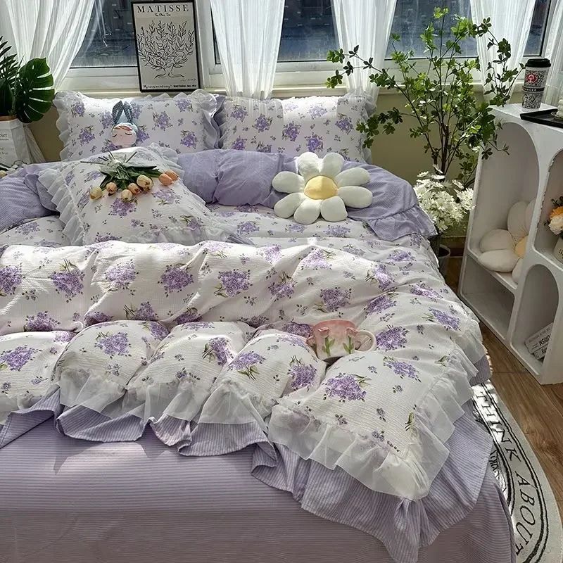 Romantic French Flowers Lace Ruffles Bedding Set Washed Cotton Duvet Cover Bed Flat Sheet Pillowcases Girls Couple Bed Linens