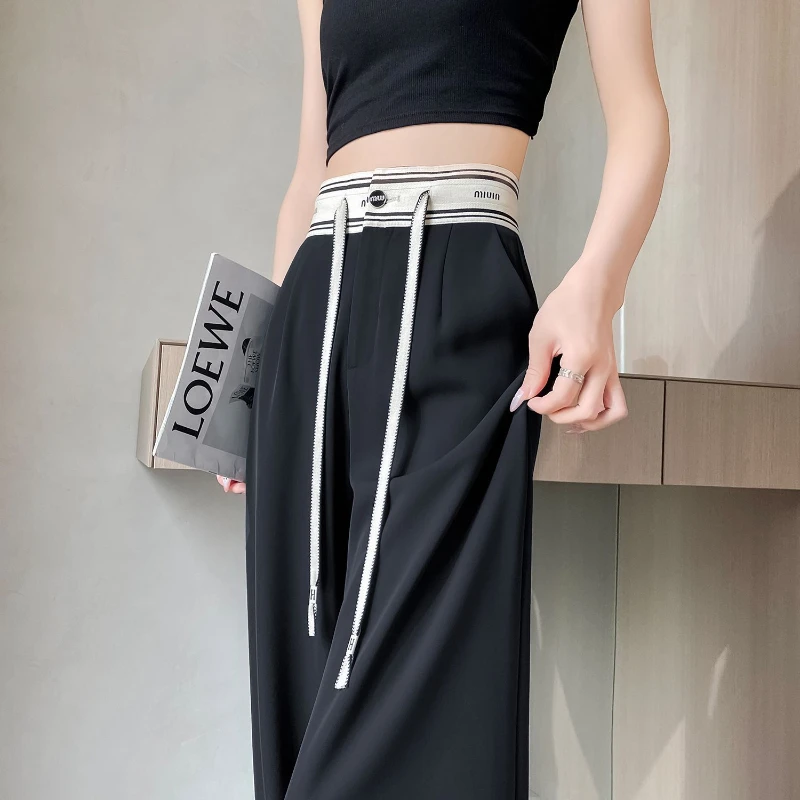 

Splicing Contrasting Wide Leg Pants for Women in Spring and Autumn Ice Silk High Waisted and Slimming Casual Pants