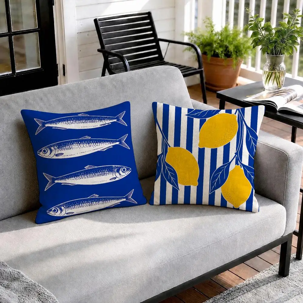 Cobalt Mediterranean Summer Cushion Cover Natural Linen Organic Fabric Double-Sided Printing Sofa Home Decor Gift Pillow Cover
