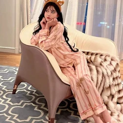 2024 New Ice Silk Pajamas Women Spring Autumn Sleeepwear Long Sleeved Pants Thin Silk Loungewear Sets Cartoon Casual Homewear