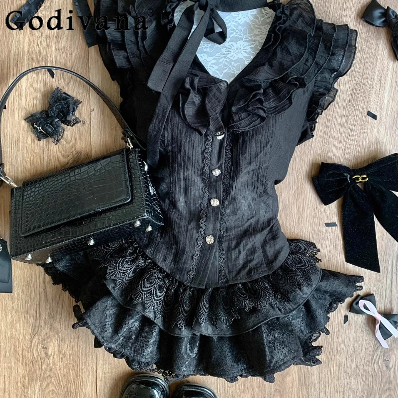 Conjunto de dos piezas para mujer, estilo puro deseo, dulce encaje negro, Top de retazos, falda de pastel hinchada, trajes femeninos de estilo Lolita