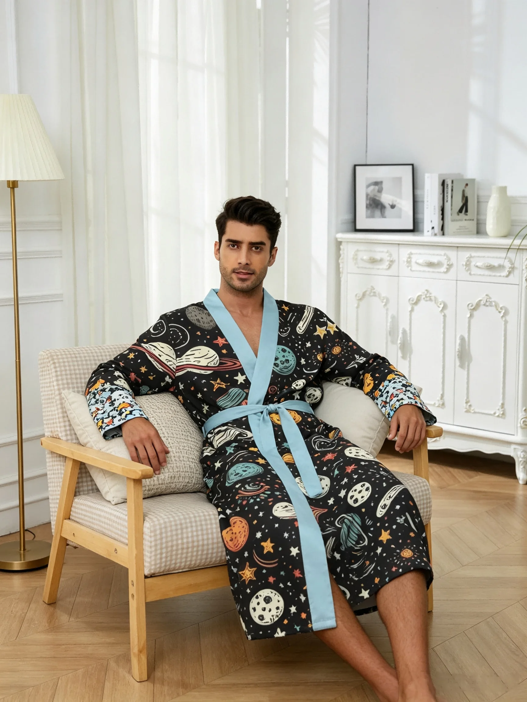 Men's lightweight quick-drying pajama bathrobe - 3D digital printing, non-fading design, stand-up collar and adjustable waistban