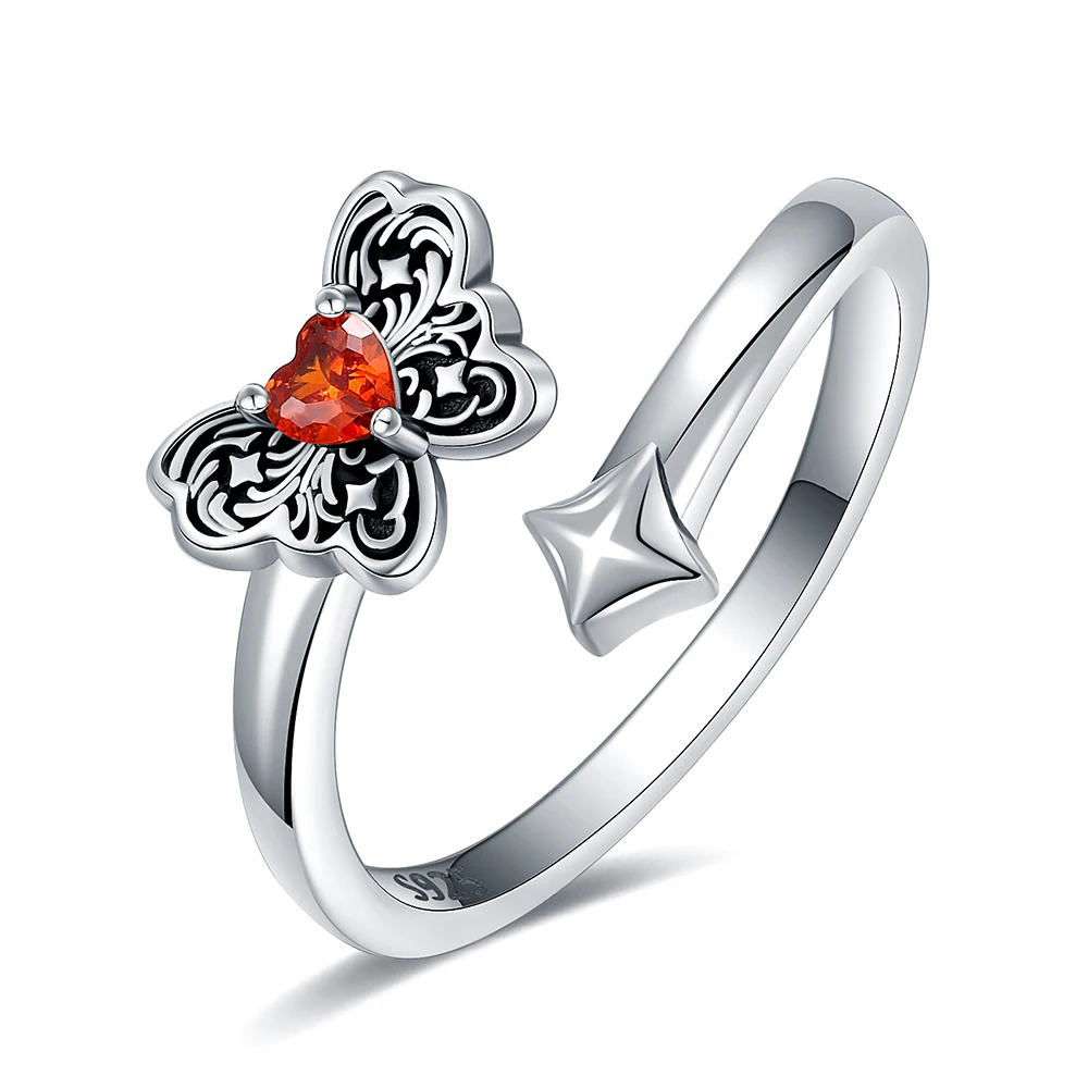 

925 Sterling Silver Butterfly Vintage Oxidized Red Zircon Adjustable Ring Birthday Christmas Jewelry Gift For Women Girl Friends