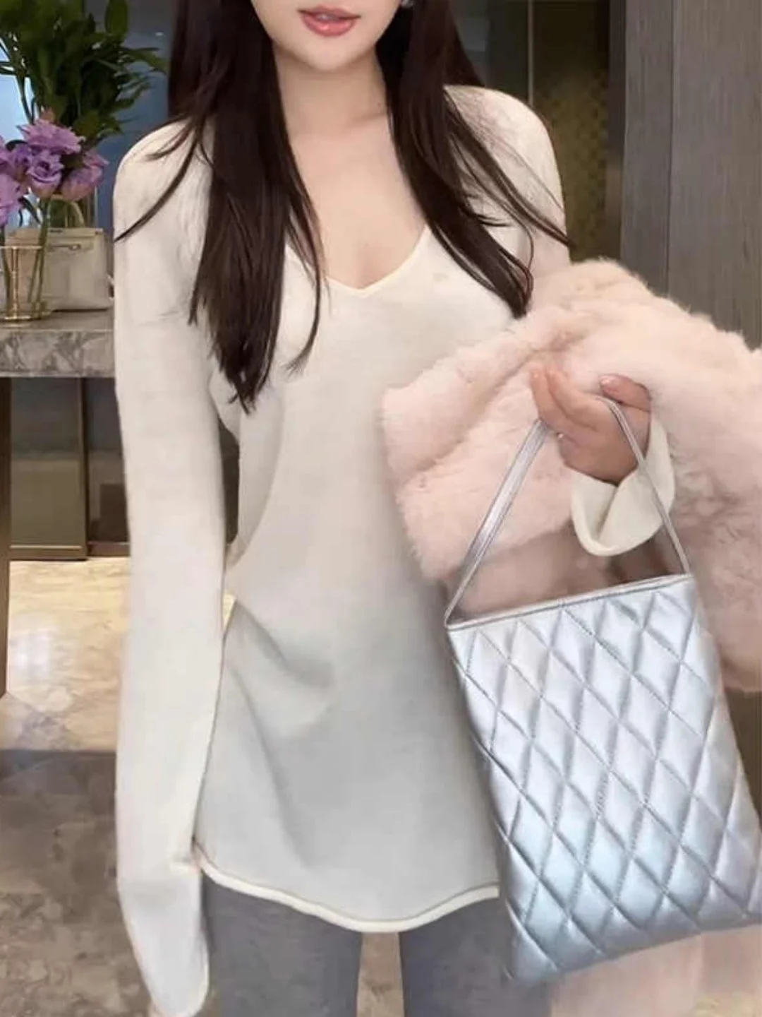 

Loose Knitted Korean Sle Pure Color Top Comfortable Breathable Women's Faionable Casual Long Sve V-Ne Sweater